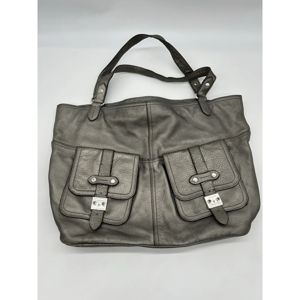 Lauren Ralph Lauren Silver Pebbled Leather 1967‎ Hobo Bag Cargo Pockets Designer